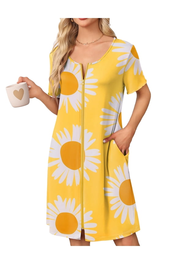 Womens' Zipper Robe Short Sleeve Bathrobes Summer Sleepwear Soft Housecoat with Pockets Zip Up House Robes
