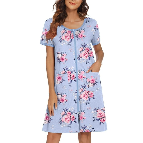 Ekouaer Women Zipper Front House Coat Short Sleeves Robe Zip Up Bathrobes Short Nightgown with Pockets