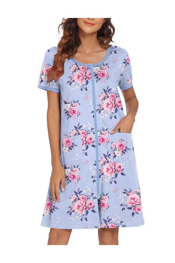 Women Zipper Front House Coat Short Sleeves Robe Zip Up Bathrobes Short Nightgown with Pockets
