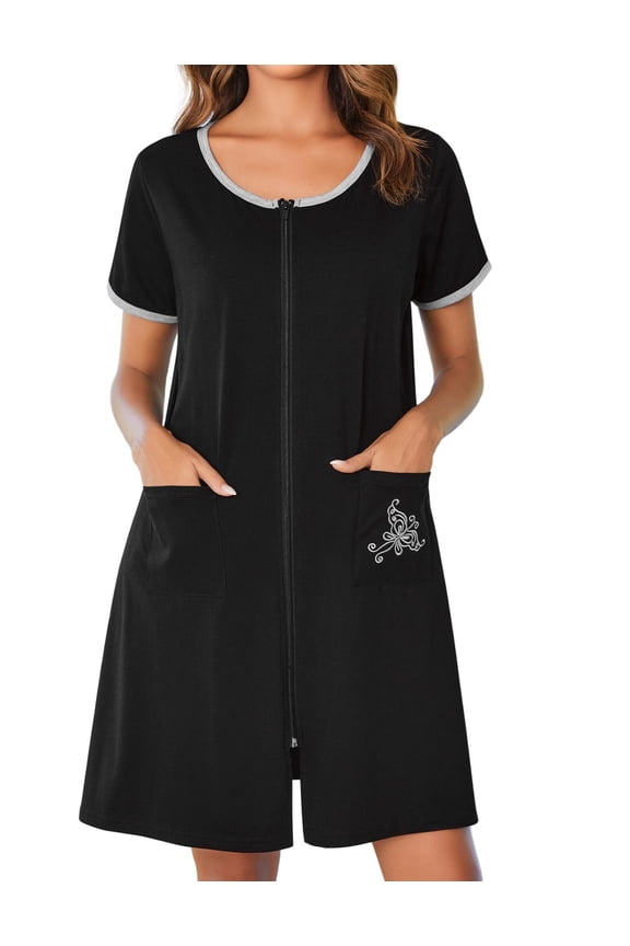 Women Zipper Front House Coat Short Sleeves Robe Zip Up Bathrobes Short Nightgown with Pockets
