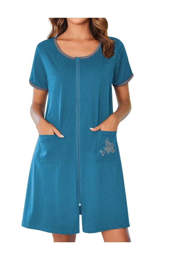 Women Zipper Front House Coat Short Sleeves Robe Zip Up Bathrobes Short Nightgown with Pockets