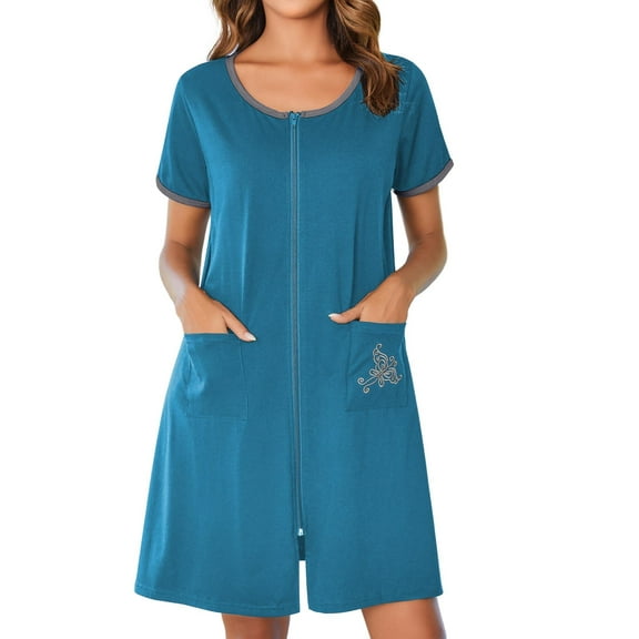 Ekouaer Women Zipper Front House Coat Short Sleeves Robe Zip Up Bathrobes Short Nightgown with Pockets