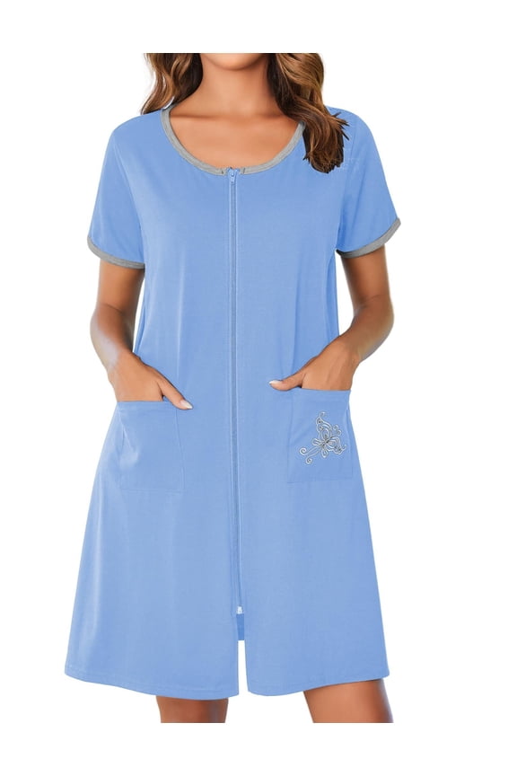 Women Zipper Front House Coat Short Sleeves Robe Zip Up Bathrobes Short Nightgown with Pockets