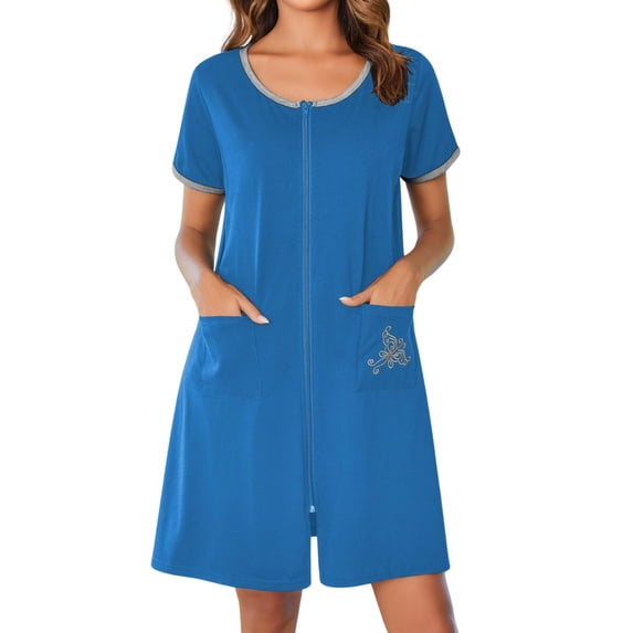 Ekouaer Women Zipper Front House Coat Short Sleeves Robe Zip Up Bathrobes Short Nightgown with Pockets