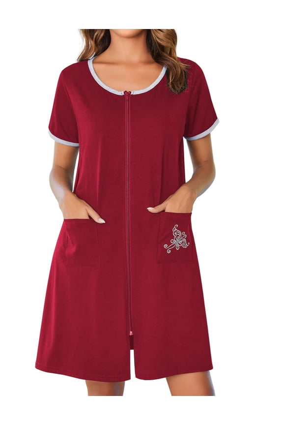 Women Zipper Front House Coat Short Sleeves Robe Zip Up Bathrobes Short Nightgown with Pockets