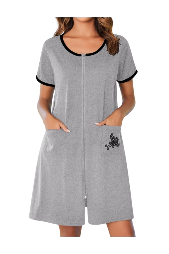 Women Zipper Front House Coat Short Sleeves Robe Zip Up Bathrobes Short Nightgown with Pockets