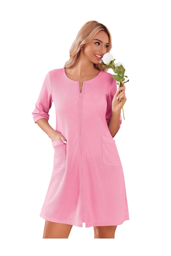 Zip Up Robes for Women Short Waffle Bathrobe Lightweight Knee Length Housecoat with Pockets Nightgown