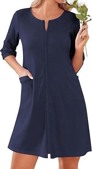 Ekouaer Zip Up Robes for Women Short Waffle Bathrobe Lightweight Knee ...