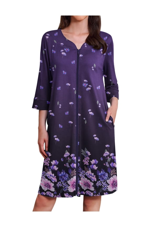 Zipper Robes for Women 3/4 Sleeves Housecoat Soft Nightgowns Sleepwear Floral Print House Dresses with Pockets