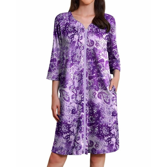 Ekouaer Zipper Robes for Women 3/4 Sleeves Housecoat Soft Nightgowns Sleepwear Mumu House Dresses with Pockets S-XXL