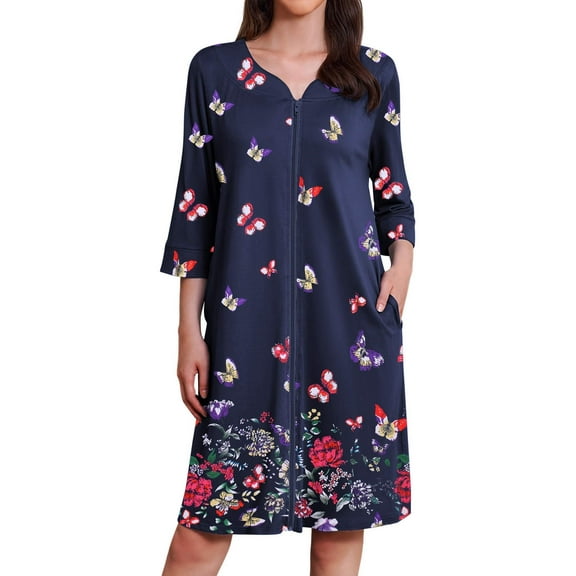 Ekouaer Zipper Robes for Women 3/4 Sleeves Housecoat Soft Nightgowns Sleepwear Mumu House Dresses with Pockets S-XXL