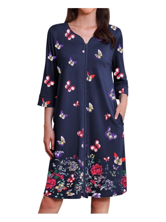 Zipper Robes for Women 3/4 Sleeves Housecoat Soft Nightgowns Sleepwear Mumu House Dresses with Pockets