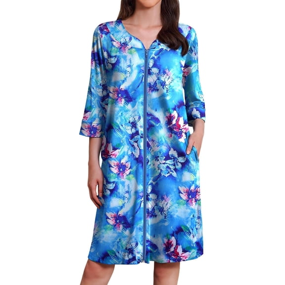 Ekouaer Zipper Robes for Women 3/4 Sleeves Housecoat Soft Nightgowns Sleepwear Mumu House Dresses with Pockets