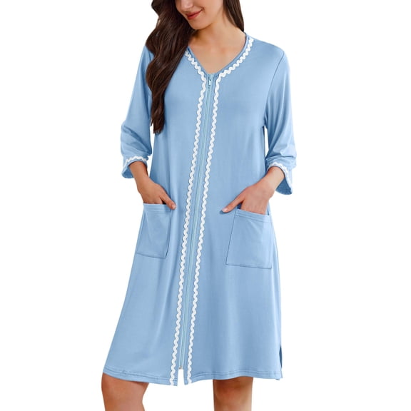 Ekouaer Zipper Robes for Women 3/4 Sleeves Lightweight House Coat Zip Up Bathrobe Soft Nightgown with Pockets