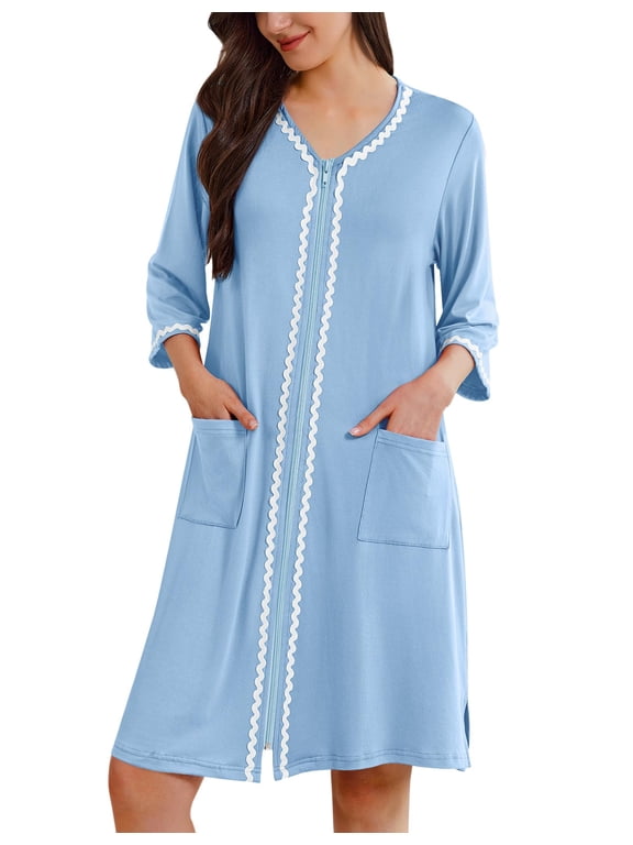 Zipper Robes for Women 3/4 Sleeves Lightweight House Coat Zip Up Bathrobe Soft Nightgown with Pockets