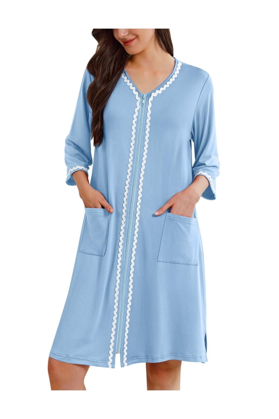 Zipper Robes for Women 3/4 Sleeves Lightweight House Coat Zip Up Bathrobe Soft Nightgown with Pockets