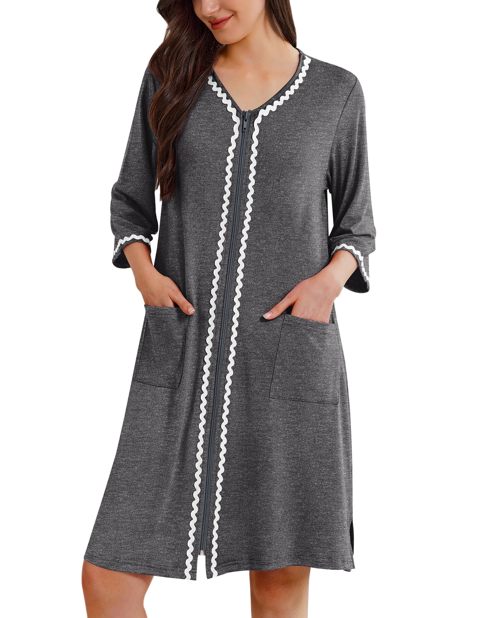 Ekouaer Zipper Robes for Women 3/4 Sleeves Lightweight House Coat Zip ...