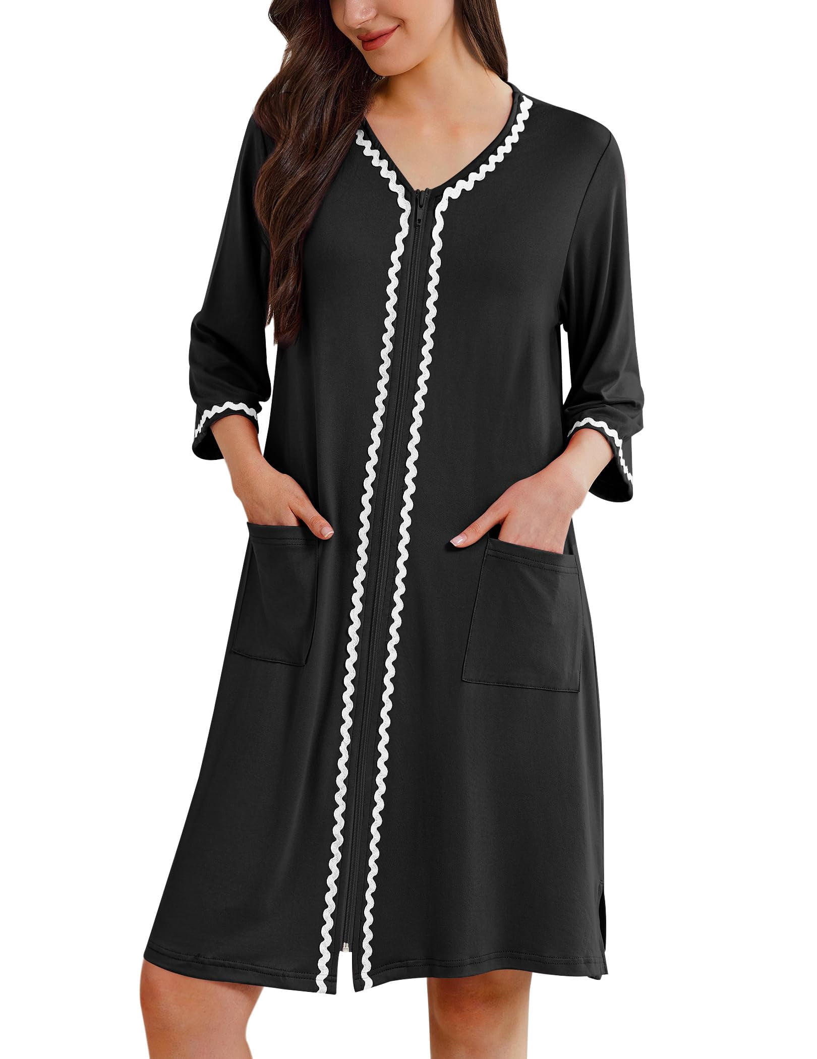 Ekouaer Zipper Robes for Women 3/4 Sleeves Lightweight House Coat Zip ...