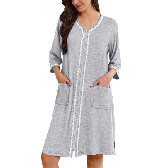 Ekouaer Zipper Robes for Women 3/4 Sleeves Lightweight House Coat Zip Up Bathrobe Soft Nightgown with Pockets