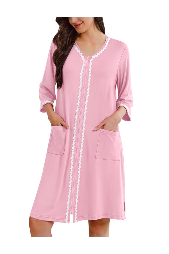 Zipper Robes for Women 3/4 Sleeves Lightweight House Coat Zip Up Bathrobe Soft Nightgown with Pockets