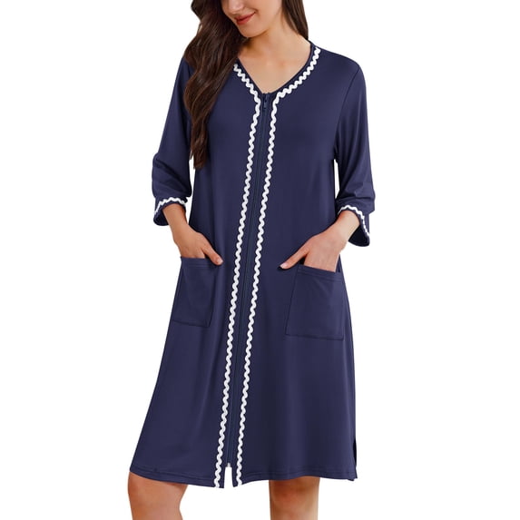 Ekouaer Zipper Robes for Women 3/4 Sleeves Lightweight House Coat Zip Up Bathrobe Soft Nightgown with Pockets