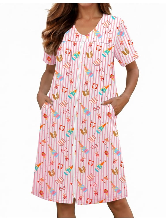 Zipper Robes for Women Short Knit Bathrobes Lightweight Knee Length Housecoat with Pockets Nightgown