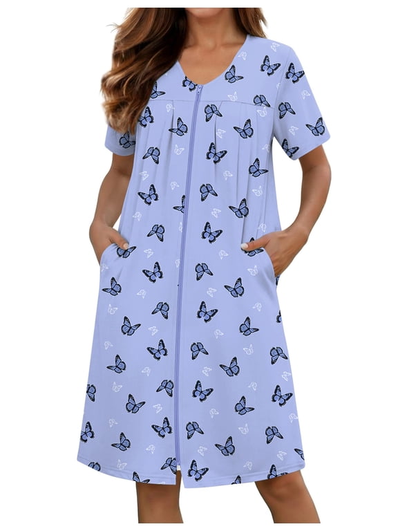 Zipper Robes for Women Short Knit Bathrobes Lightweight Knee Length Housecoat with Pockets Nightgown