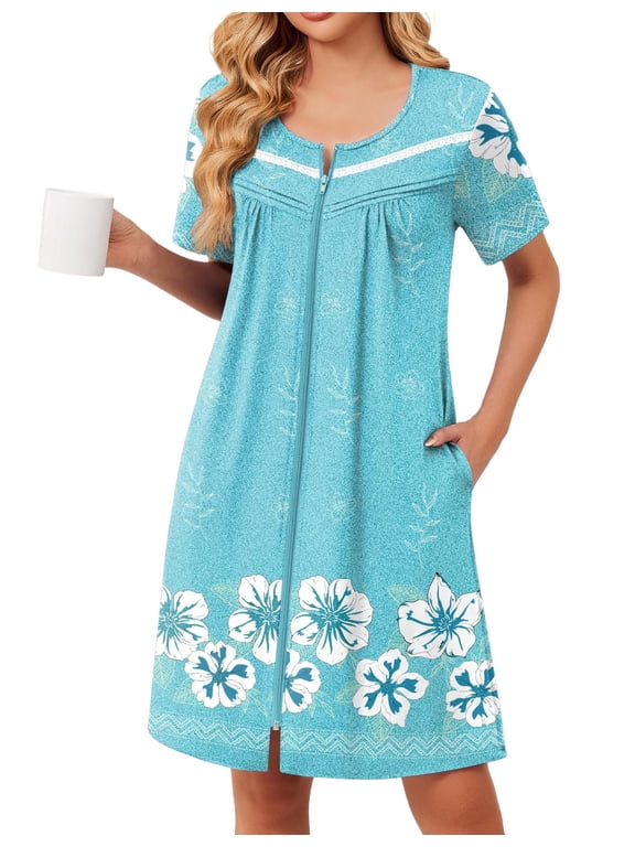 Zipper Robes for Women Short Sleeve Bathrobes Lace Lightweight House Coat Soft Zip Up Nightgowns with Pockets