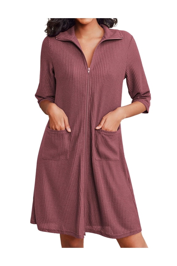 Zipper Robes for Women Waffle Knit Bathrobes Short Lightweight Knee Length Loungewear with Pockets