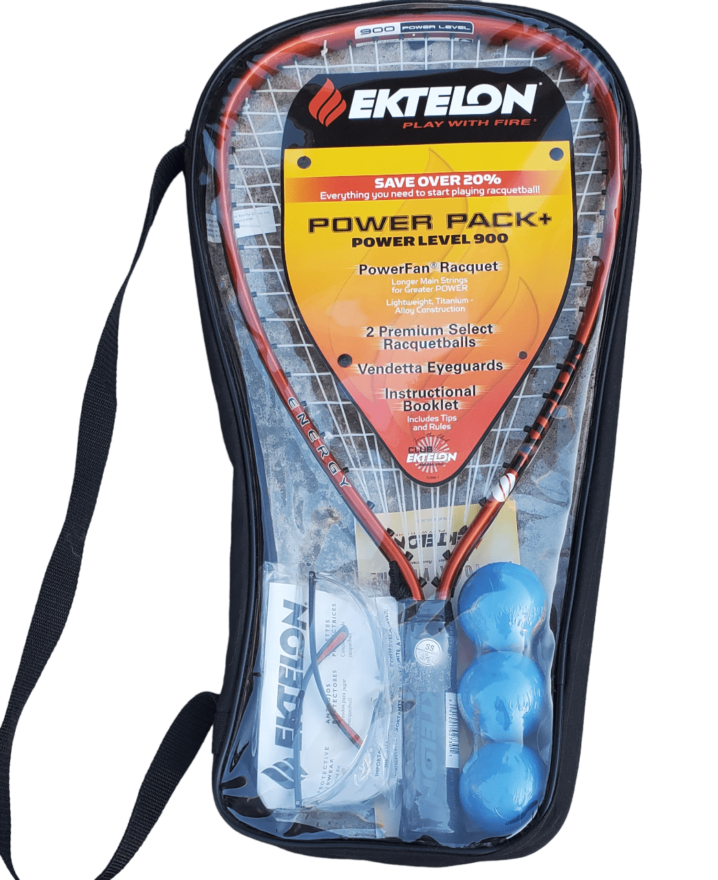 Ektelon 900 Power Level Fan Revenge Value Pack Triple Threat Racquet 3 balls Set