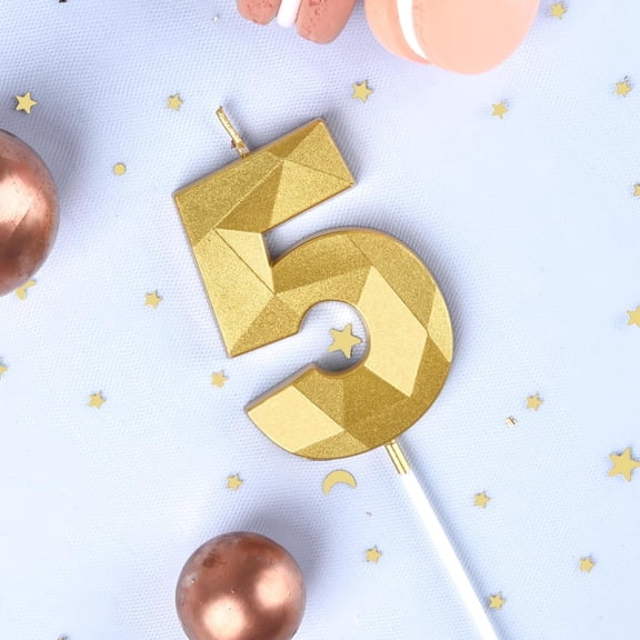 Candle Birthday, Number 5, Ekuci Gold 3D Diamond Shape Birthday Candles, For Party Celebration