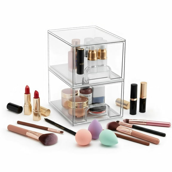 Ekuci Clear 2-Pack Plastic Storage Drawers - 4.4" Stackable Bathroom Makeup Organizer for Vanity, Kitchen Cabinets, Pantry