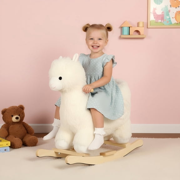 Ekuzi Rocking Horse Alpaca with Lullaby Song, Safety Belt, Soft Plush Fabric, Ages 1-3