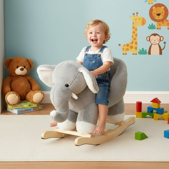 Ekuzi Rocking Horse Elephant With Lullaby Song Safety Belt, Ages 1-3, Soft Plush