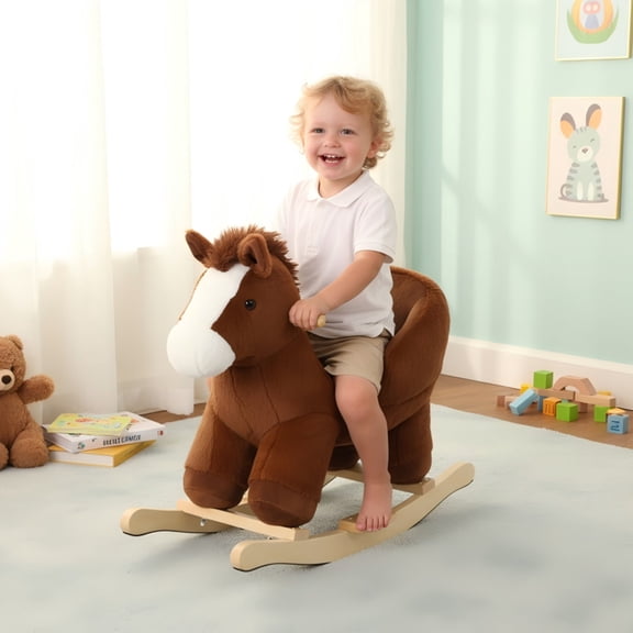 Ekuzi Rocking Horse with Lullaby Song and Safety Belt, Soft Plush Fabric, Ages 1-3, CPC Certified