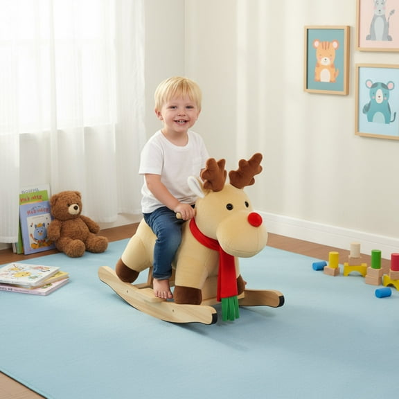 Ekuzi Moose Rocking Horse with Lullaby Song, Safety Belt, Soft Plush Fabric, Ages 1-3
