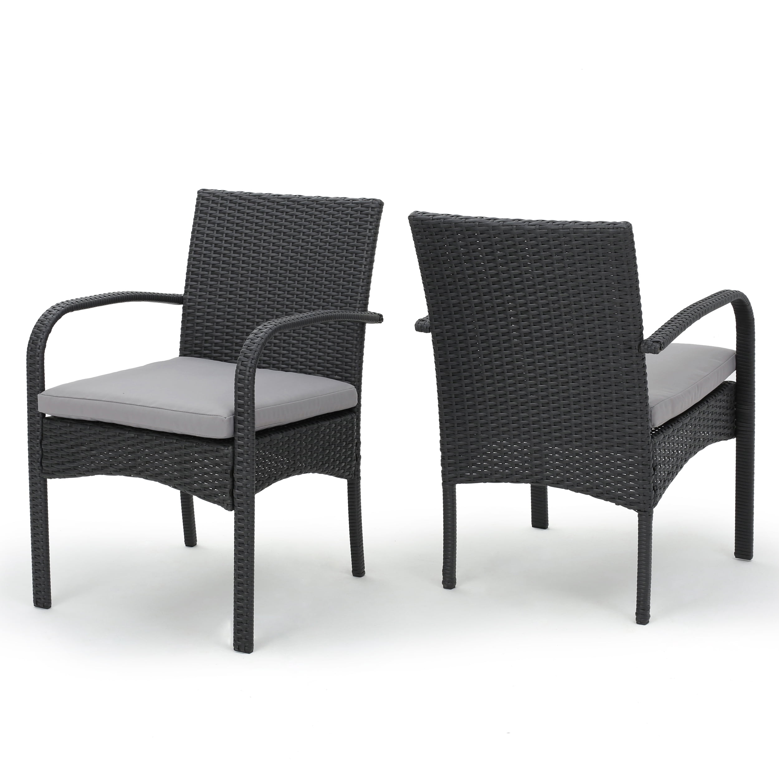 Gray Wicker Outdoor Dining Chairs with Cushions, Set of 2