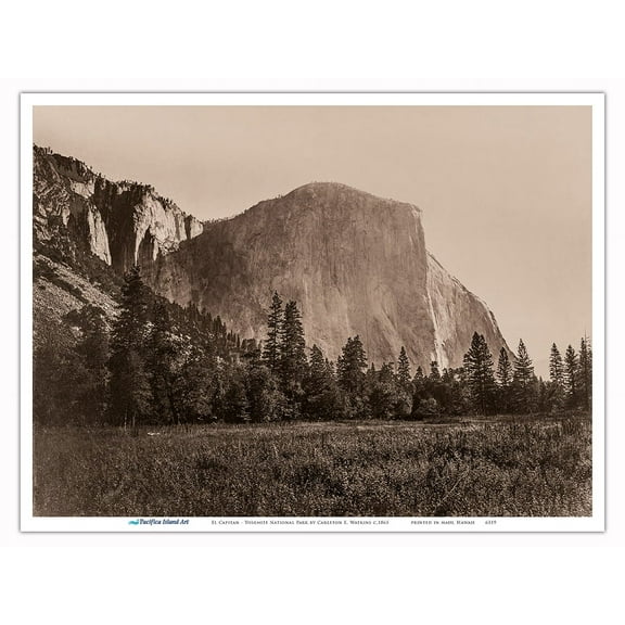 El Capitan - Yosemite National Park California - Vintage B&W Historical Photograph by Carleton E. Watkins c.1865 - Master Art Print (Unframed) 9in x 12in