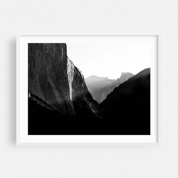 El Capitan sunrise - California Photography Black and White Nature Landscape Mountain Scenic Wilderness Moody White Framed Wall Art Print 8 x 10 inches