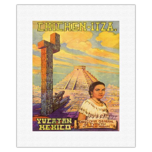 El Castillo Chichen Itza - Yucatan Mexico - Mayan Pyramid - Vintage Travel Poster by Flores Esp c.1950s - Fine Art Rolled Canvas Print 11in x 14in