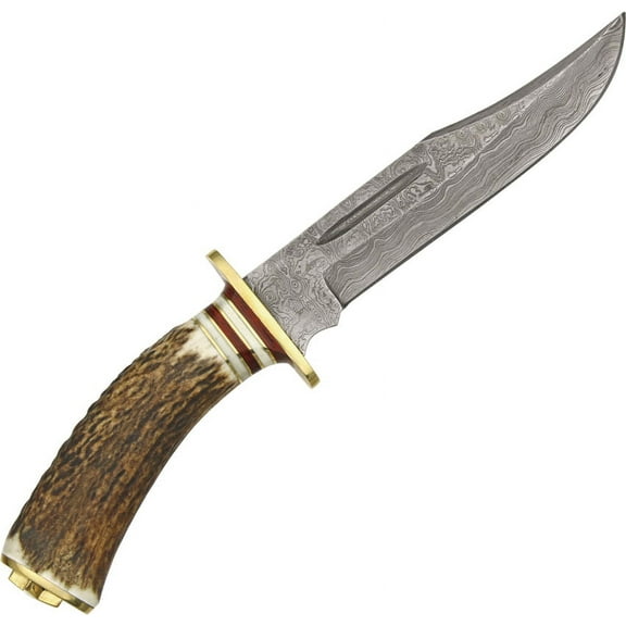 SANZ 10.25" EL Dorado Hunting Knife Damascus Steel Blade Stag Handle with Leather Sheath Pocket Knife for Hunting, Camping & Outdoor uses