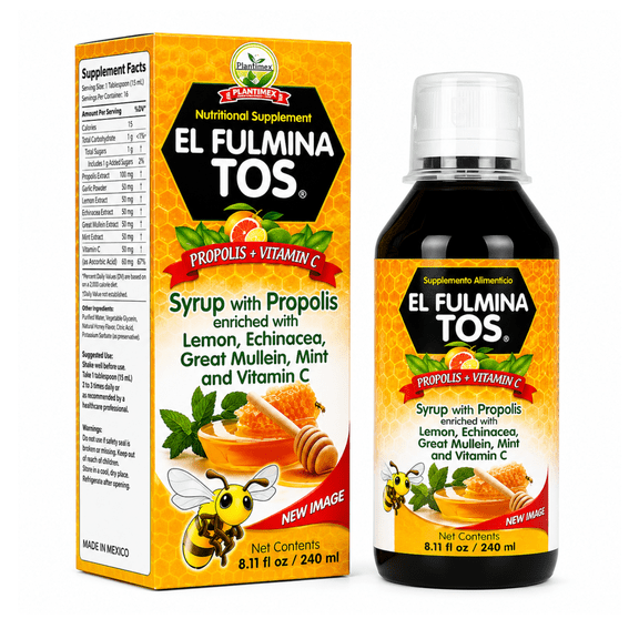 El Fulmina Tos Propolis & Vitamin C Dietary Supplement Syrup, Herbal Botanical Blend with Lemon, Echinacea, Great Mullein, Elderberry & Mint, Liquid Formula, 8.11 fl oz (240 mL)