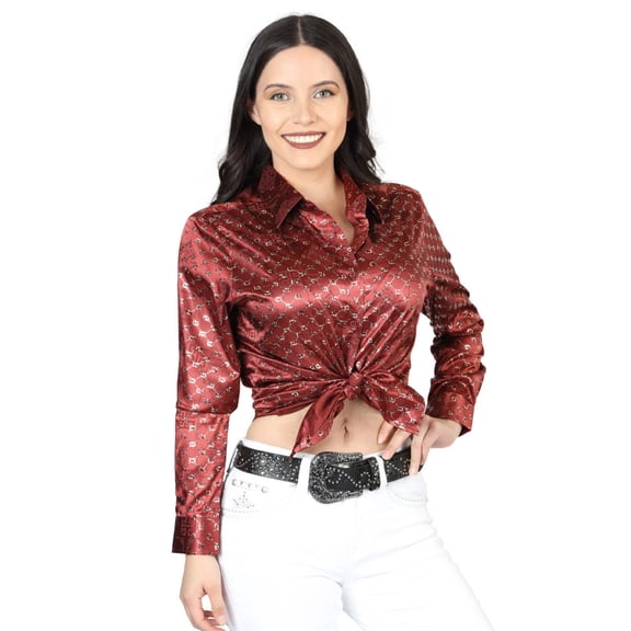 Women’s Burgundy/Gold Print Long Sleeve Casual Shirt 'El Señor de los Cielos' 44555