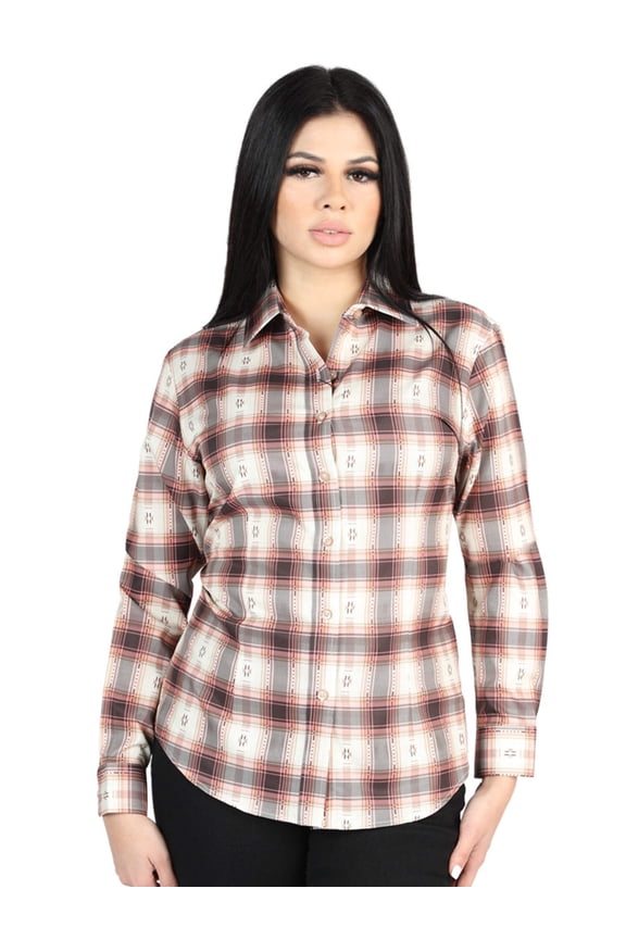 Women’s Orange/Beige Plaid Print Long Sleeve Western Shirt 'El Señor de los Cielos' 44716