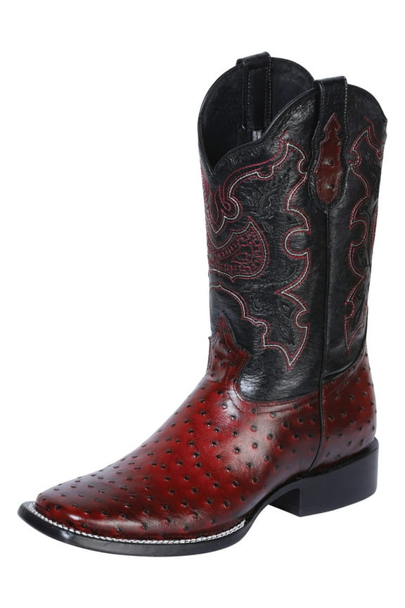 Men's Ostrich Print Leather Western Rodeo Cowboy Boots 'El General' Burgundy 41901