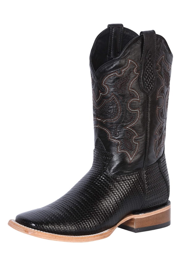 Men's Woven Print Leather Classic Western Cowboy Boots 'El General' Black Color 41790