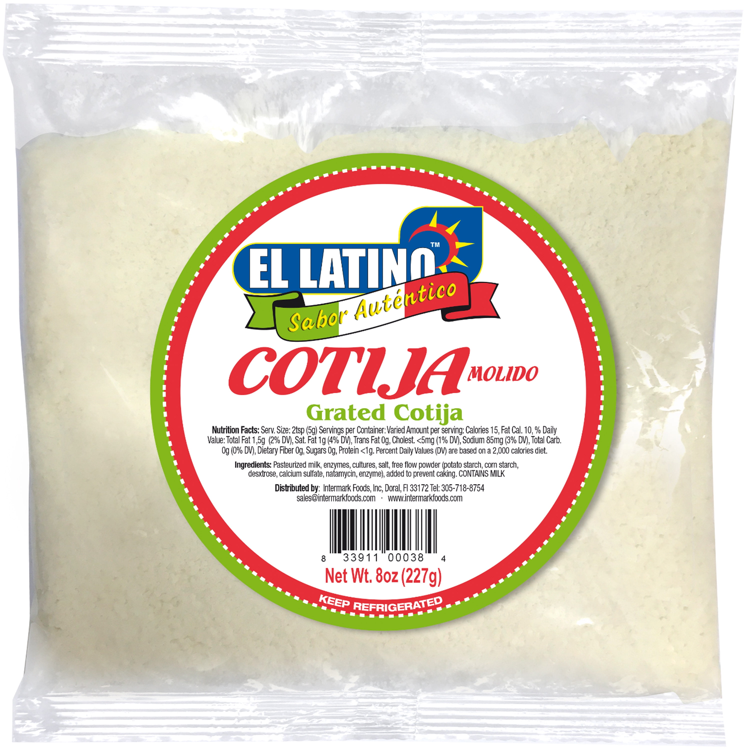 El Latino Grated Cotija Cheese, 8 oz. Plastic Bag.