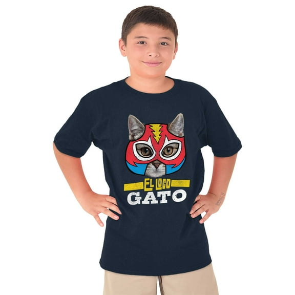 El Loco Gato Mexican Wrestler Cat Crewneck T Shirts Boy Girl Teen Brisco Brands L