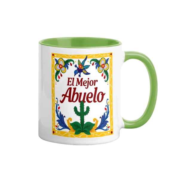 El Mejor Abuelo Coffee Mug, Mexican Talavera Floral Cactus Bird Graphic Two‑Tone Green Interior 11oz Ceramic Cup, Best Grandpa Spanish Gift for Hispanic Father’s Day Birthday