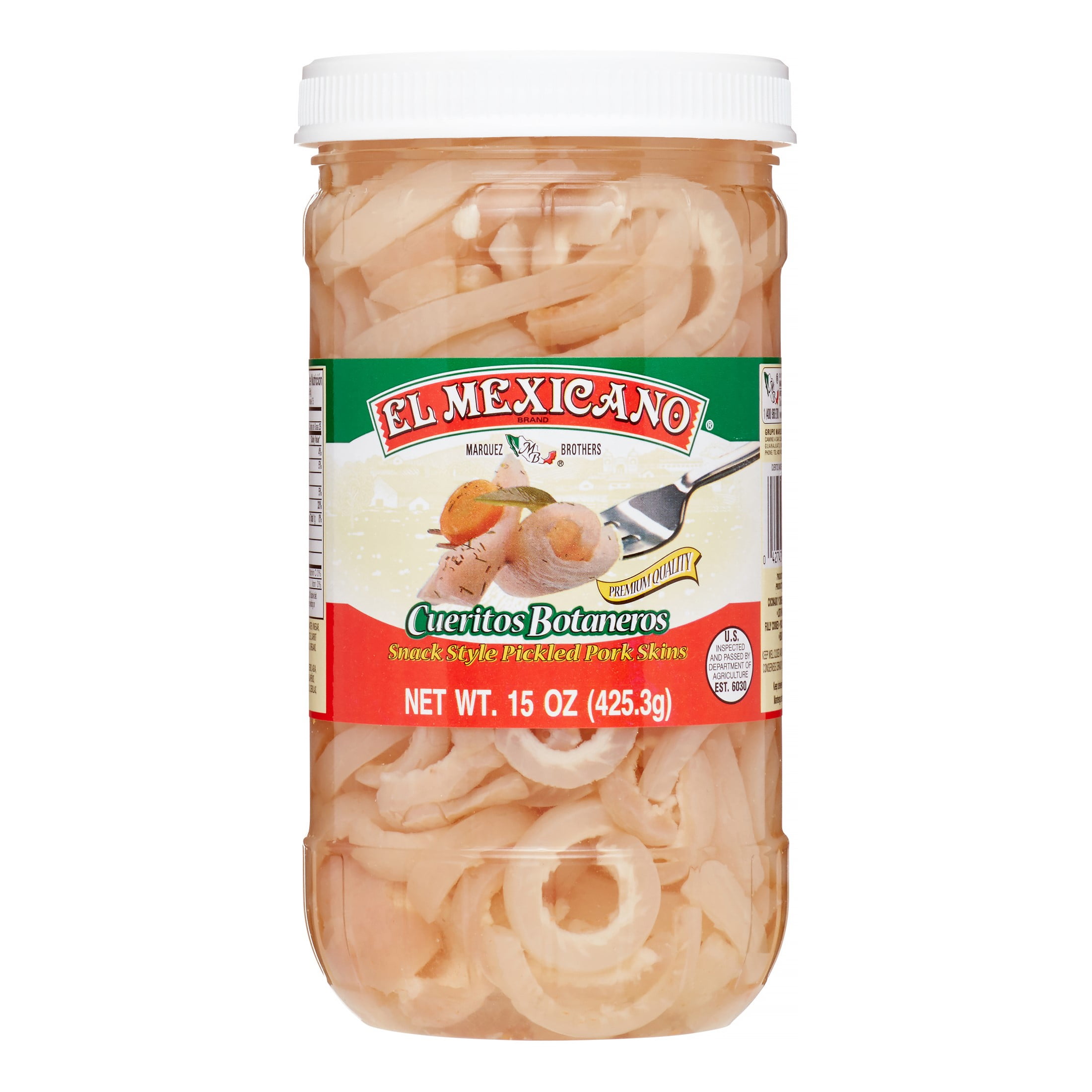 El Mexicano Cueritos Botaneros, Snack Style Pickled Pork Skins, 15 oz Jar